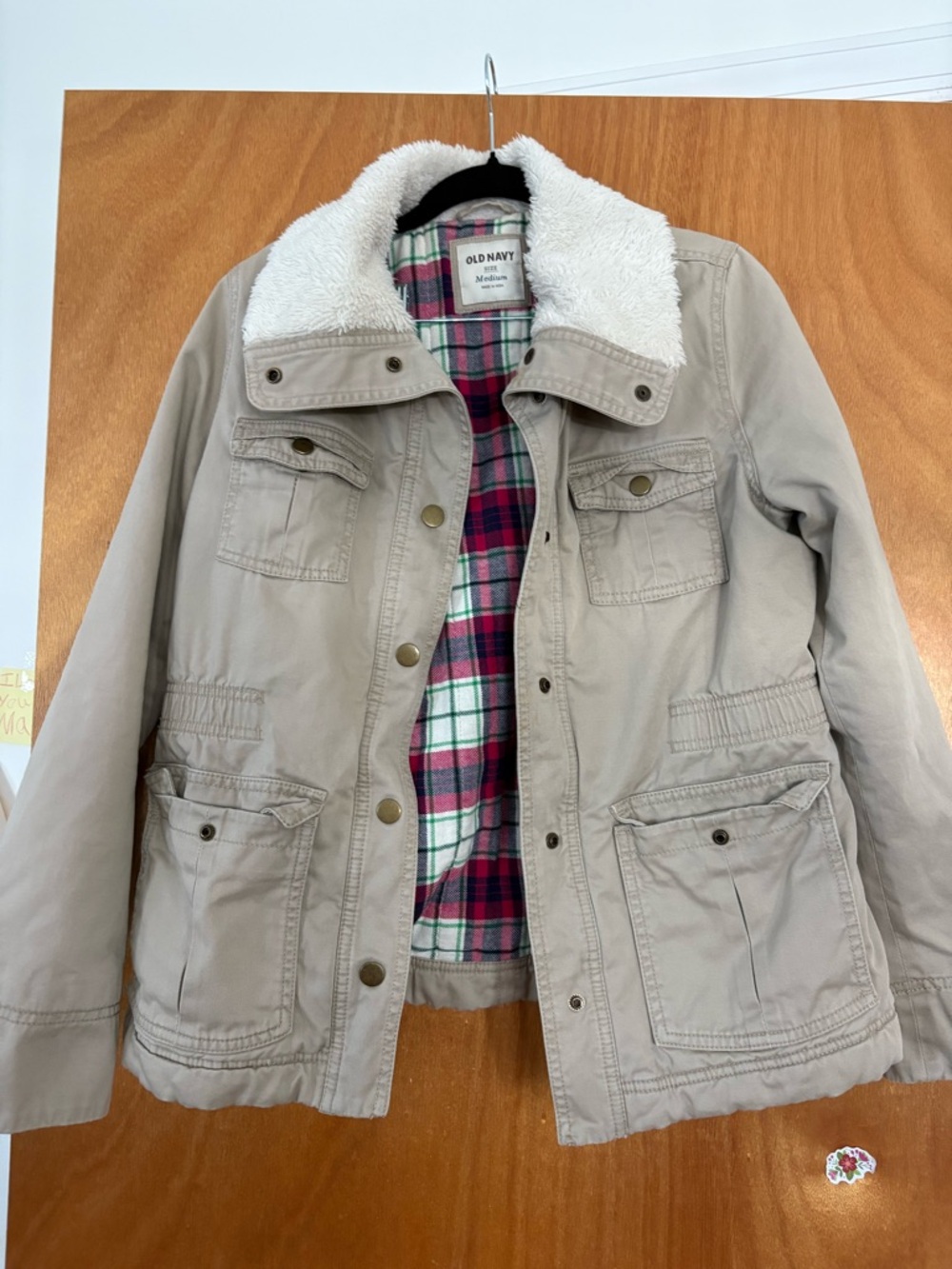 Old Navy Beige Jacket with White Sherpa Collar and Plaid Lining